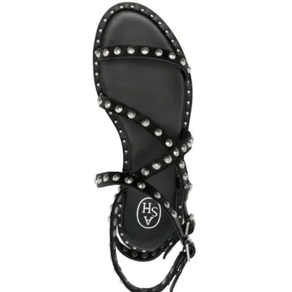 ASH Petra Silver Studded Sandals in Black Leather Size 7 EU 38 Brand New NIB NWT - Picture 2 of 5